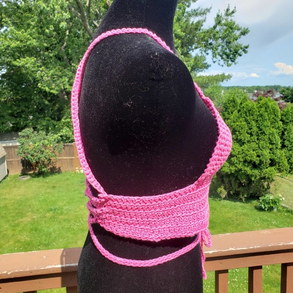 Crop Top BARBIECORE PINK Crochet Festival Cotton B CUP Adjustable Size - Picture 5 of 8
